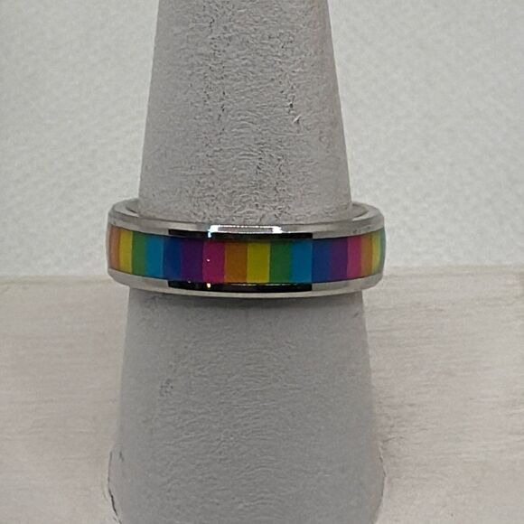 NWOT Size 13 Metallic silver titanium steel band with rainbow enamel - Picture 1 of 4